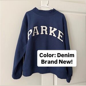 Parke Varsity Mockneck Sweatshirt Denim + White NWT
